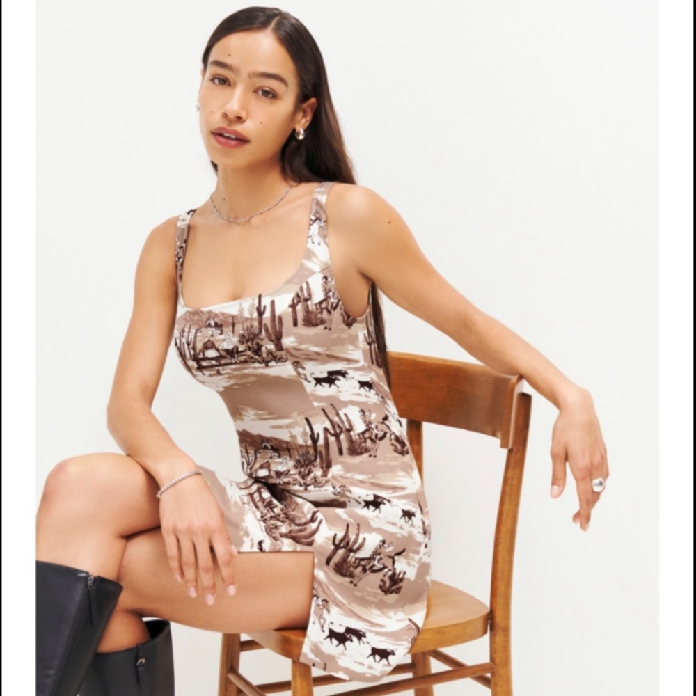 Reformation Beige & Brown Desert Print Mini Dress
